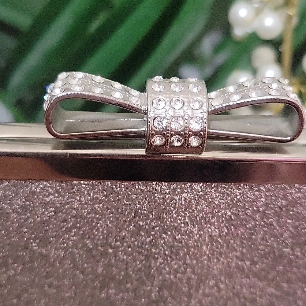 I.N.C. Carolyn Glitter Clutch Rhinestone Bow Glitter Silver